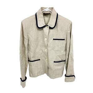 Vintage British Khaki Linen Collared Button Up Beige Jacket with Pockets Size 8